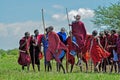 Massai warriors perform the traditional jumping dance ceremony in Tanzania, Africa